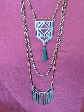 Layered Gold-Tone Geometric Pendant Necklace with Green Tassel